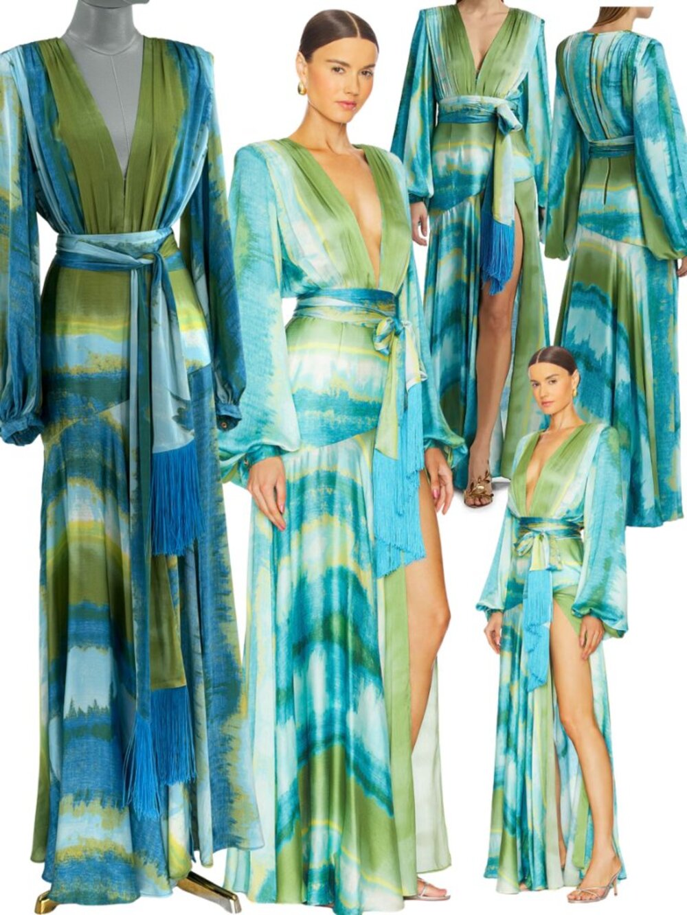 🆕 BRONX & BANCO 🧿 NWOT Coastal Carmen Belted Fringe Gown, Blue - Sz S US 4